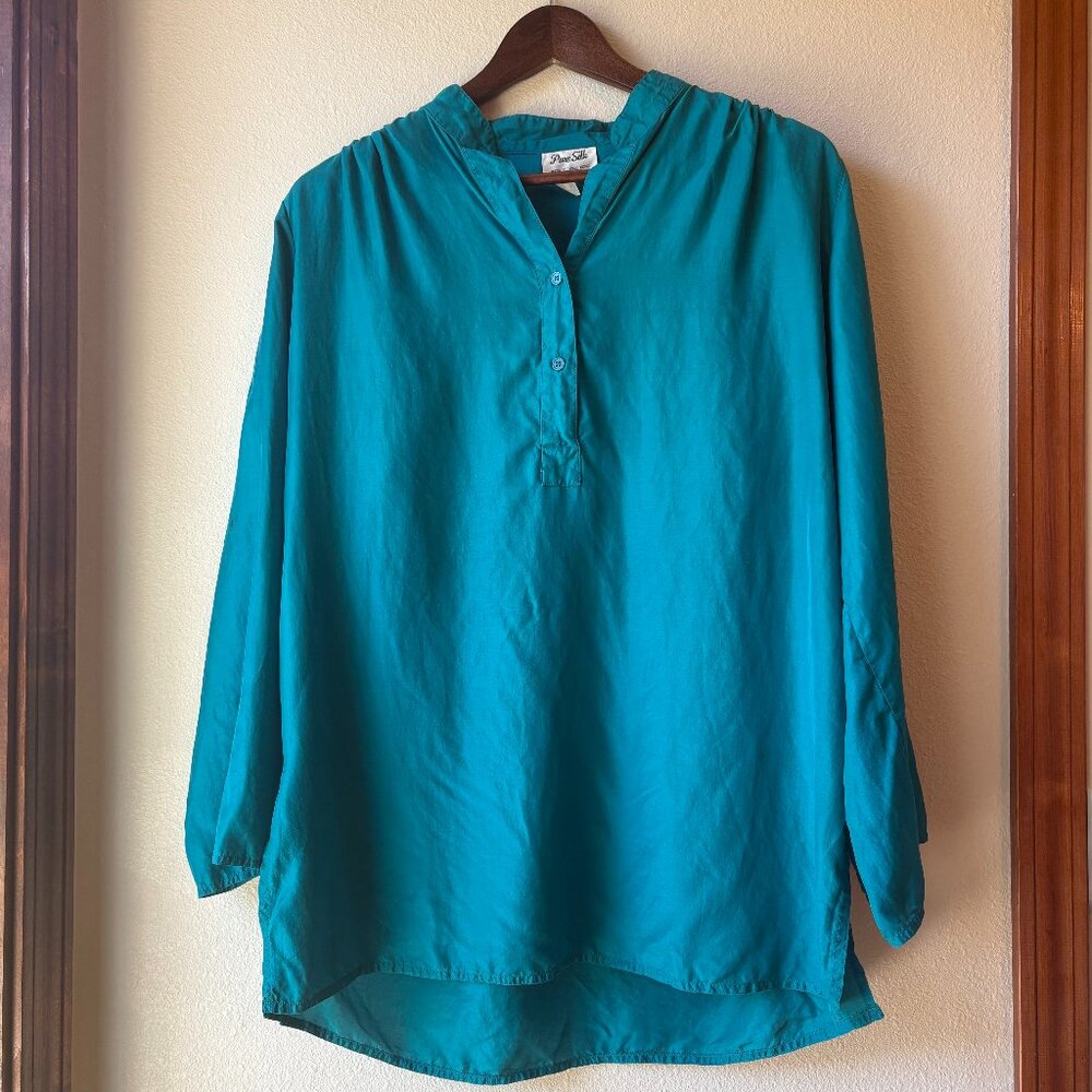 Vintage 90s 100% Silk Tunic Blouse Dark Turquoise Boho Chic Summer Size 14